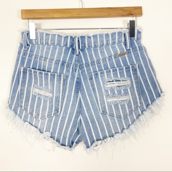 KANCAN Hi Rise Striped Jean Shorts Destroyed Fringe Raw Hem Distressed Small - Picture 5 of 10